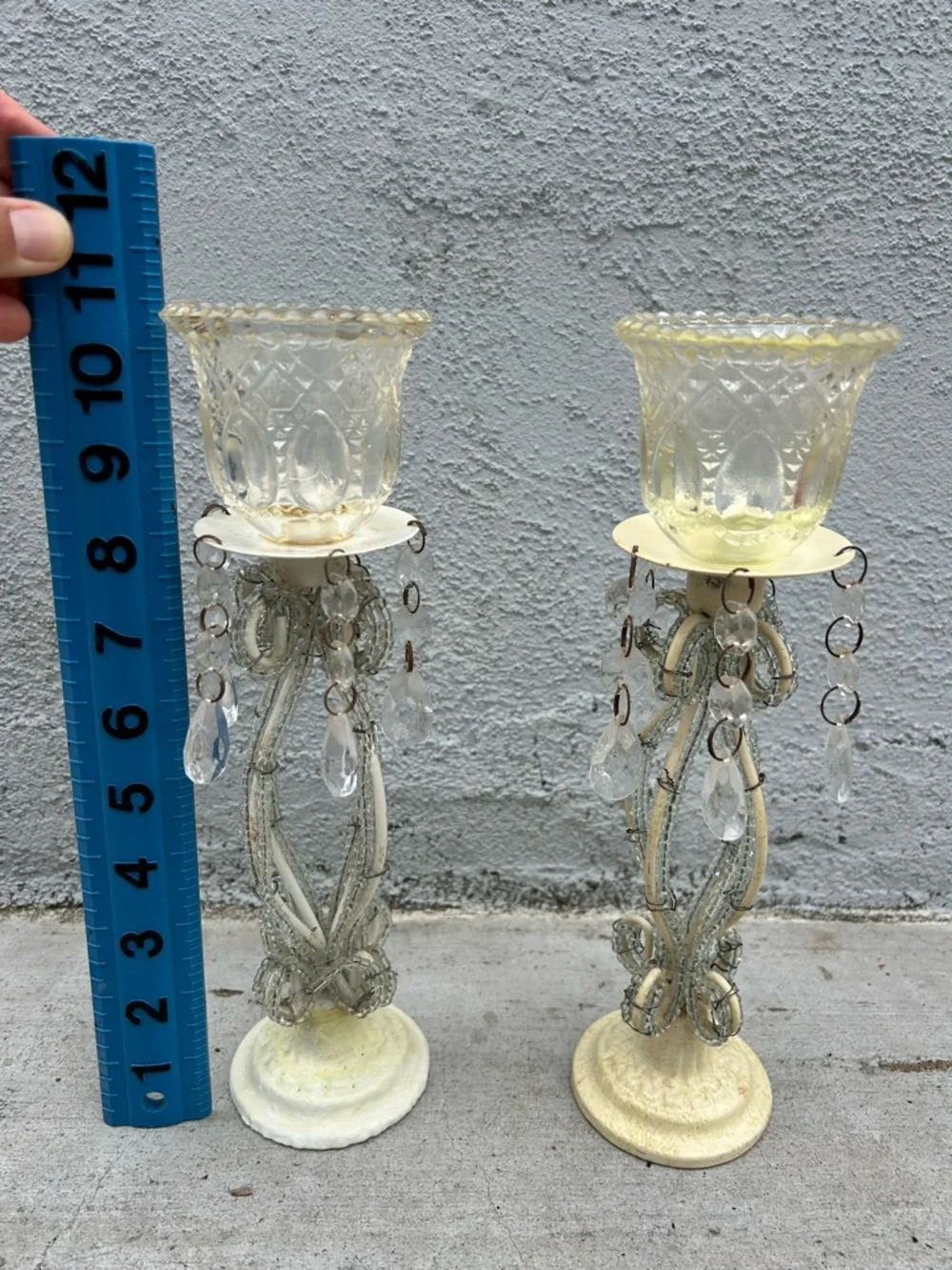 Vintage Pair Crystal Prism Candle Holders Pressed Glass Votive Cups Shabby Chic
